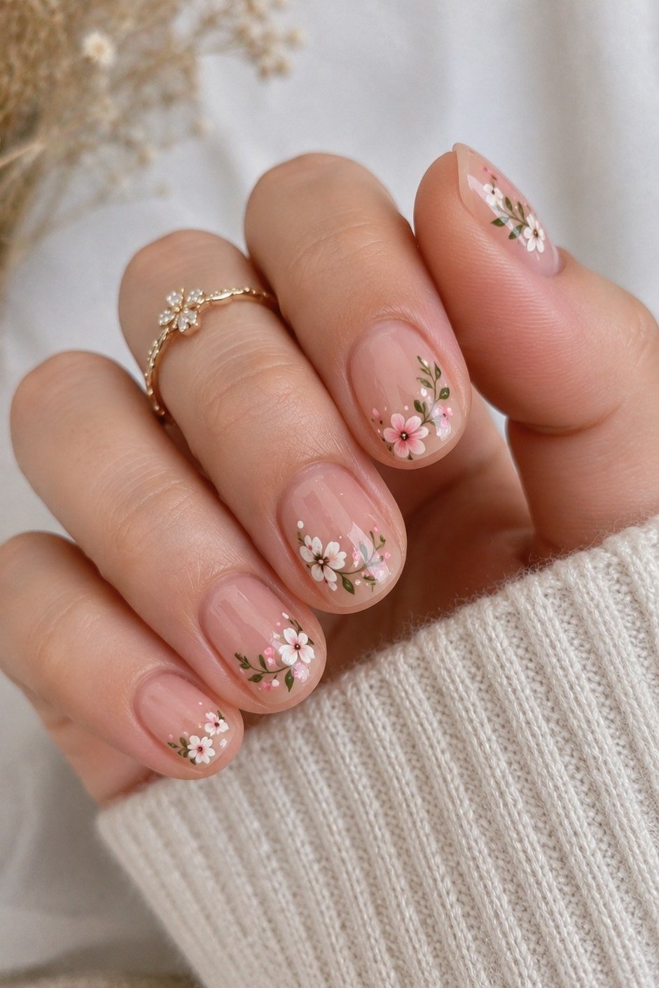 Gold and brown botanical floral nail art for women over 50