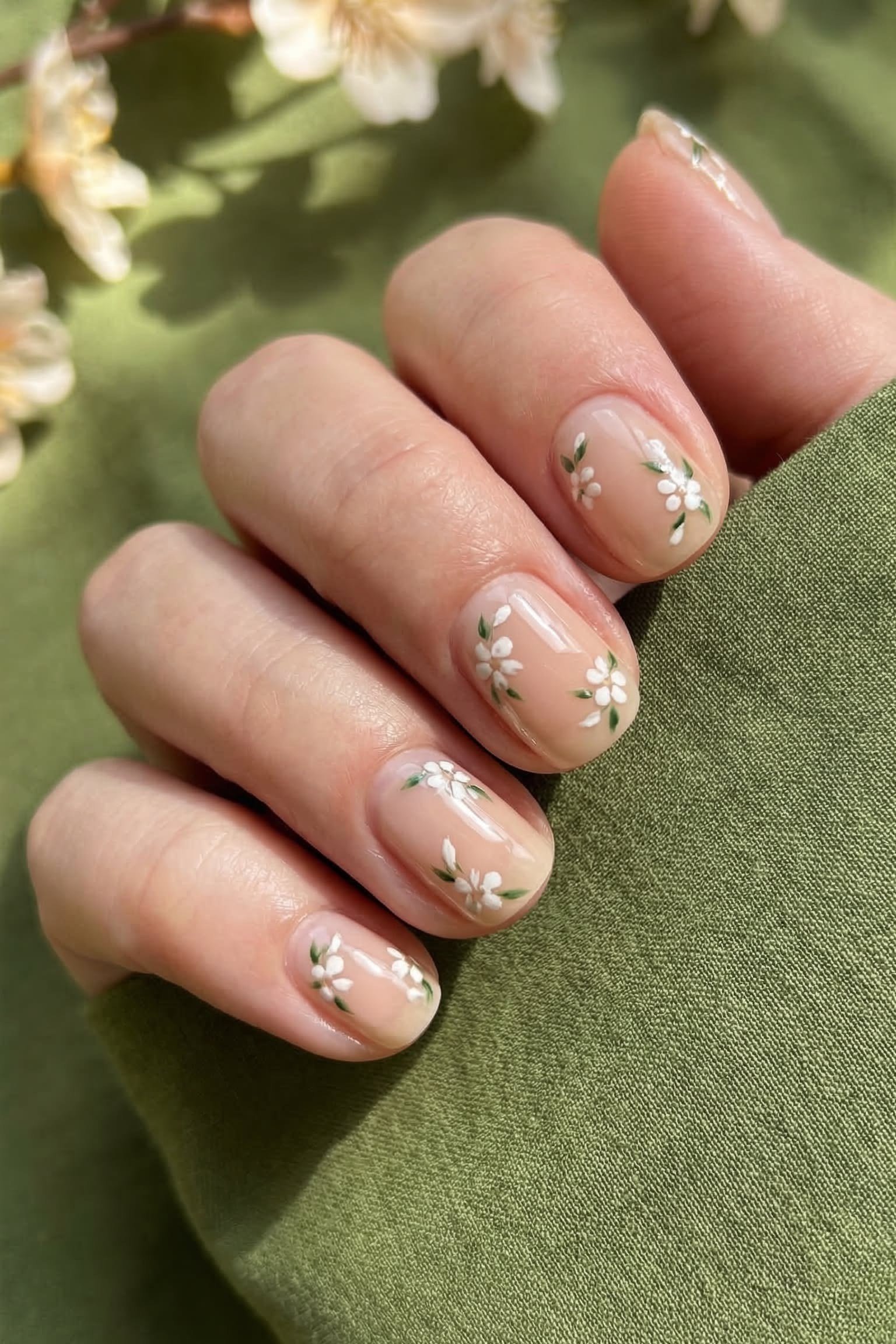 Tiny white floral nail art on short nude nails for women over 50