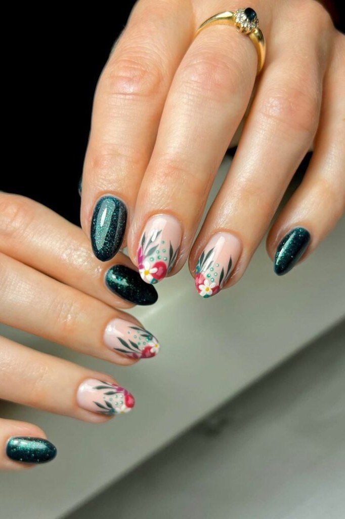 Dark green nails with floral accent nail art for women over 50
