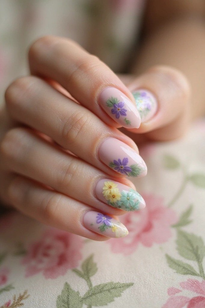 Pastel watercolor-style floral nail art for women over 50