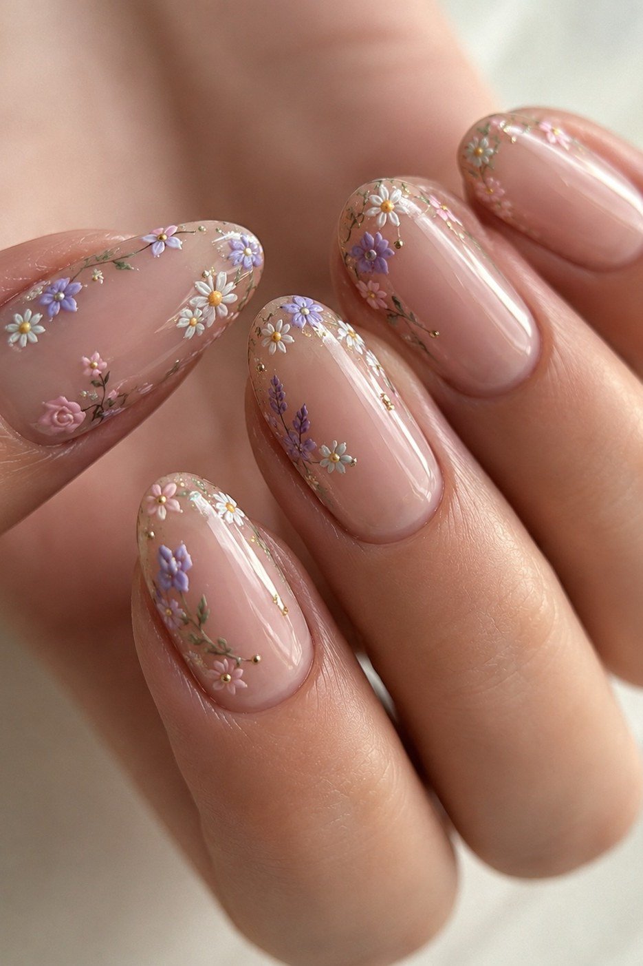 Dried flower nail art on mauve nails for women over 50