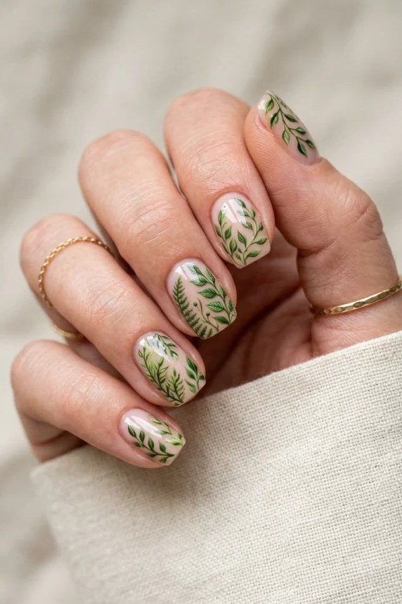 Sage green leaf floral nail art for women over 50