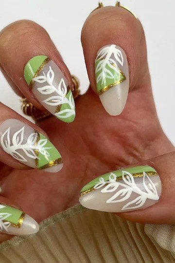 Green and white botanical nail art for women over 50