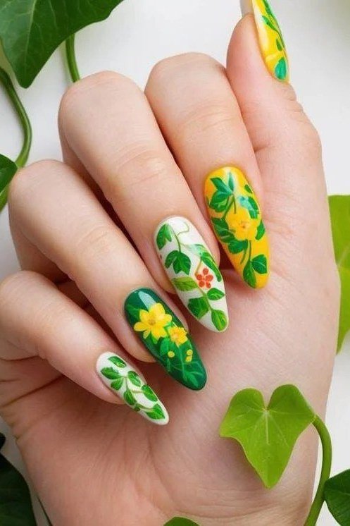 Tropical yellow and green floral nail art for women over 50