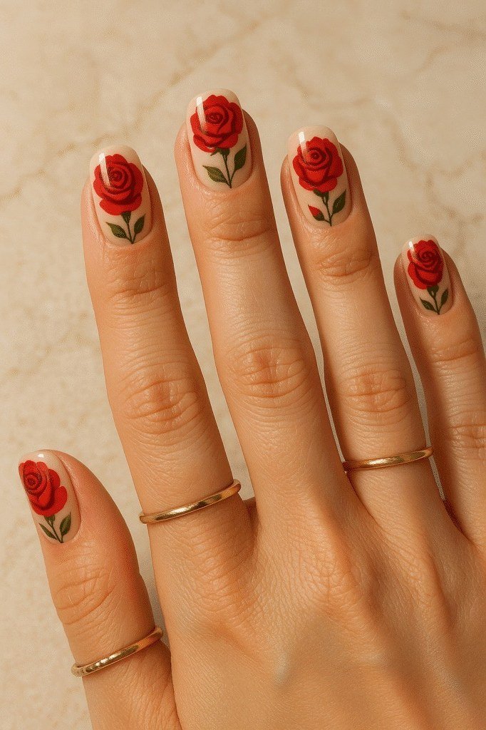 Classic red rose nail art for women over 50