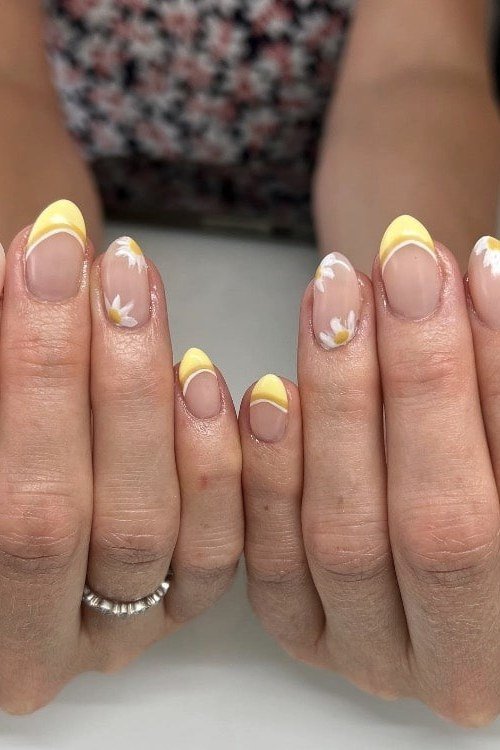 Yellow French daisy nail art for women over 50