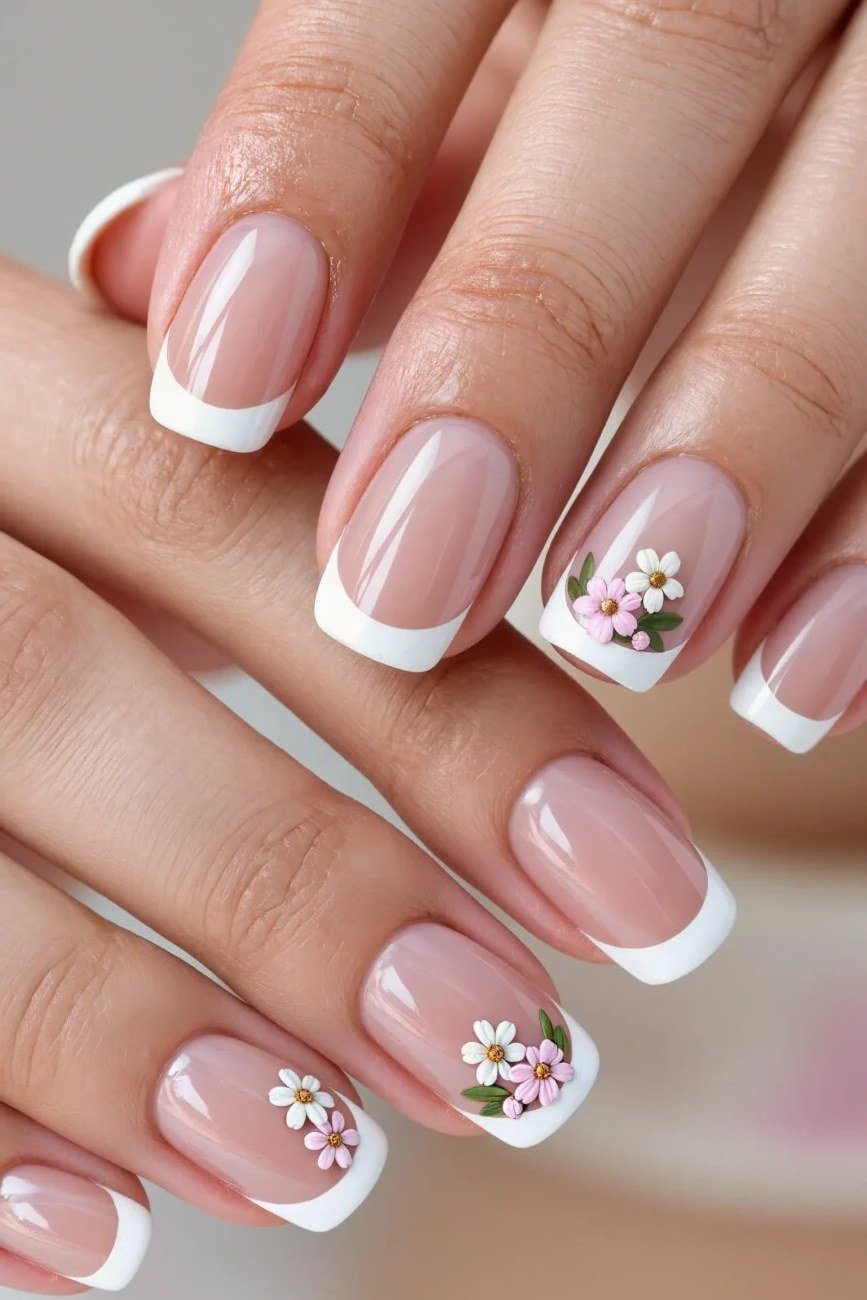 Floral French tip nail art on pink nails for women over 50