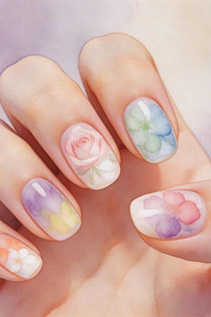 Pastel watercolor floral nail art for women over 50