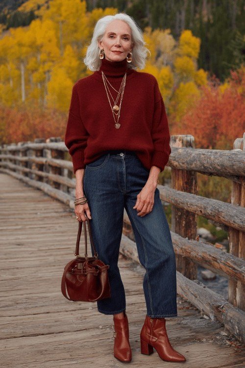 Burgundy turtleneck sweater, dark jeans, brown ankle boots, older woman on wooden bridge