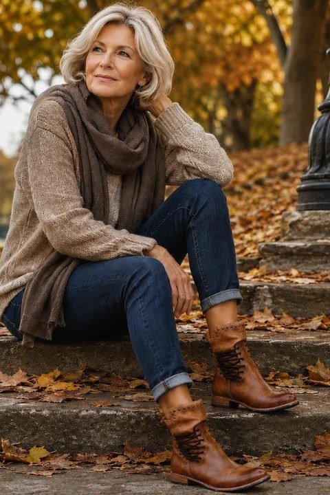 Taupe knit sweater, dark jeans, tan lace-up boots, woman sitting on stone steps