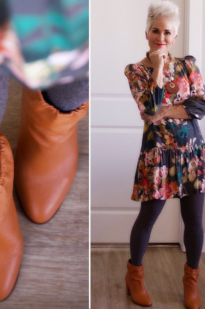 Floral midi dress, black tights, brown ankle boots, mature woman with boot detail