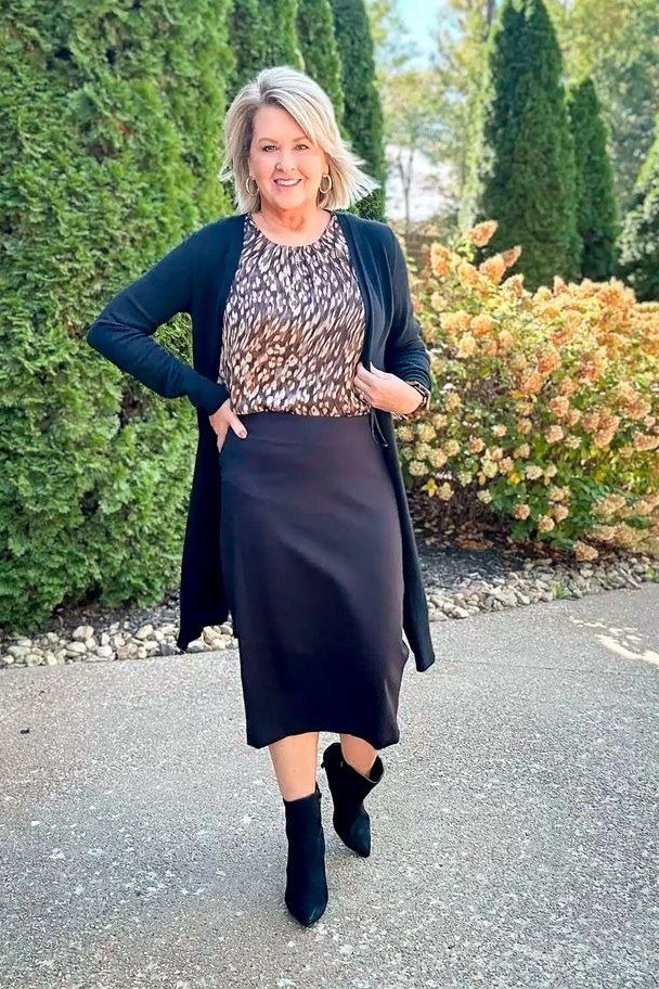 Navy cardigan, leopard print top, navy midi skirt, black ankle boots