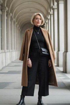 Camel coat, black turtleneck, black wide-leg pants, woman in corridor