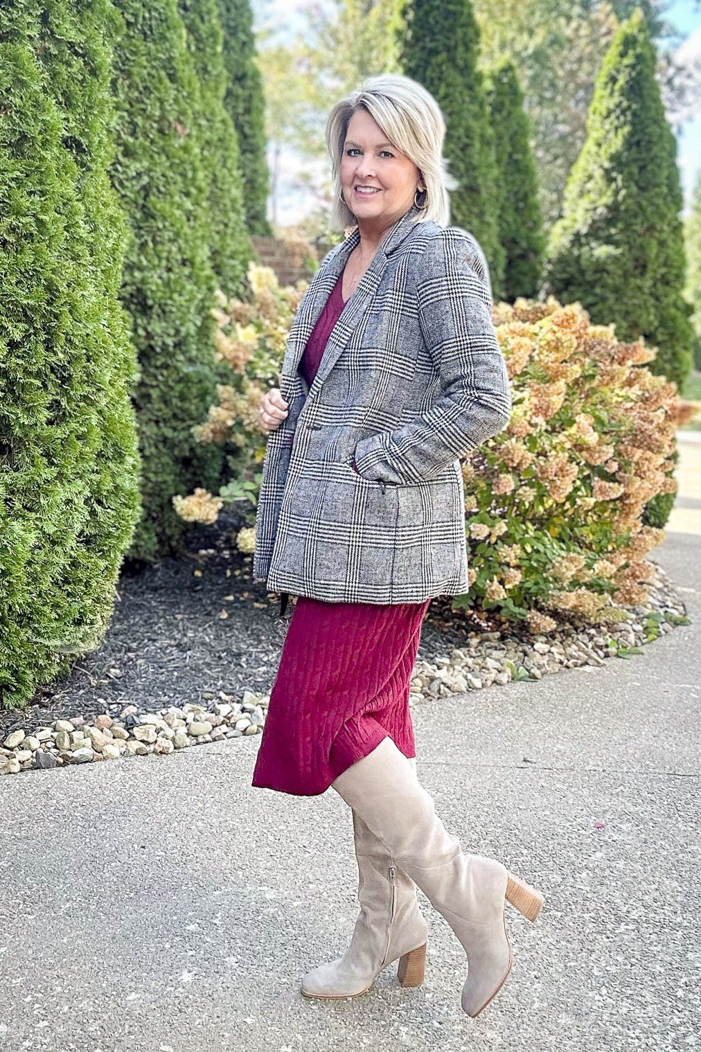 Gray plaid blazer, burgundy top and midi skirt, cream knee boots