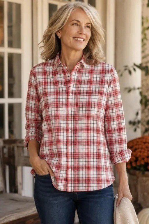 Red plaid flannel shirt, dark jeans, woman on porch with autumn mums