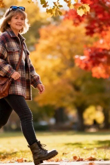 Brown plaid shacket, dark pants, woman walking under red autumn trees