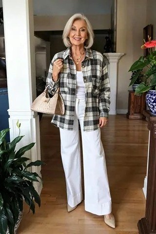 Black and white plaid shirt, white wide-leg pants, woman in doorway