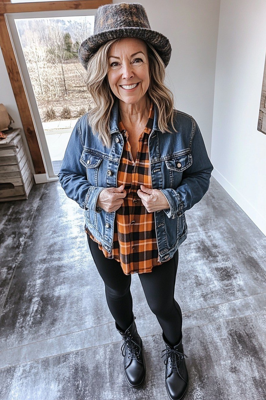 Denim jacket, orange plaid shirt, black leggings, gray fedora, woman indoors