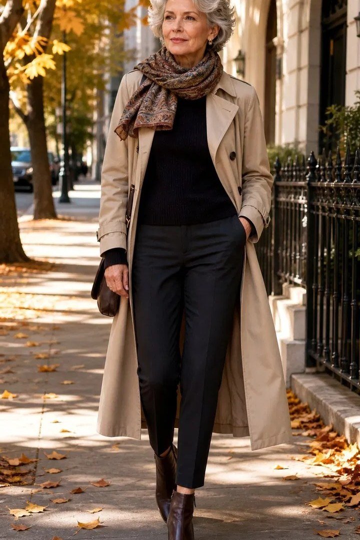 Beige trench coat, black top, patterned scarf, dark pants, woman on sidewalk