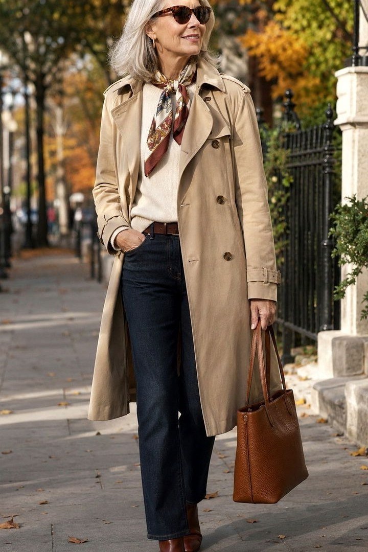 Beige trench coat, rust blouse, dark jeans, tan tote, woman on street