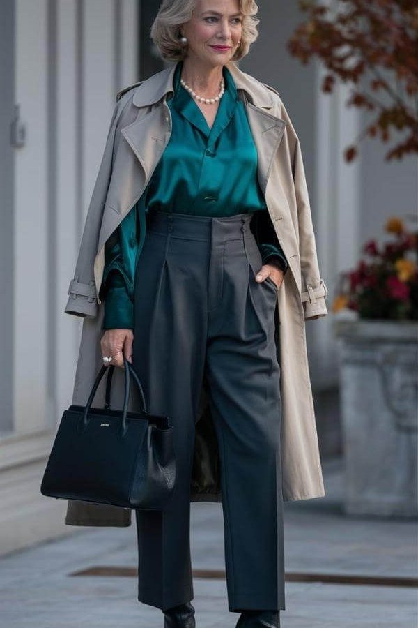 Gray wool coat, teal satin blouse, dark wide trousers, woman on porch