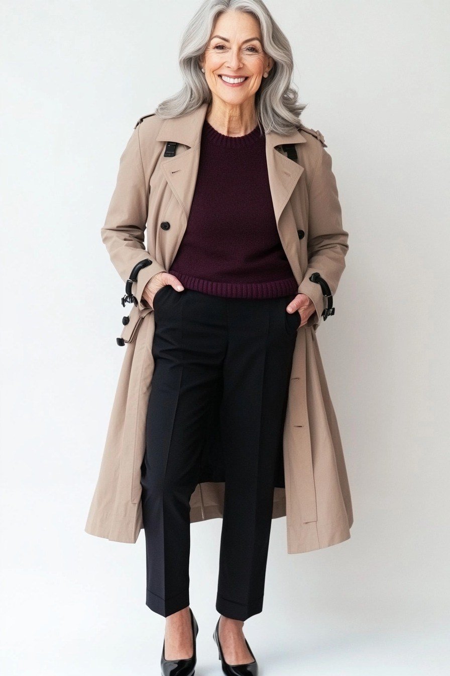 Beige trench coat, burgundy sweater, black pants, woman in studio