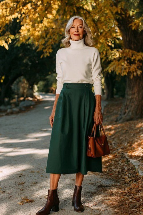 Cream turtleneck, forest green midi skirt, brown ankle boots, woman on path