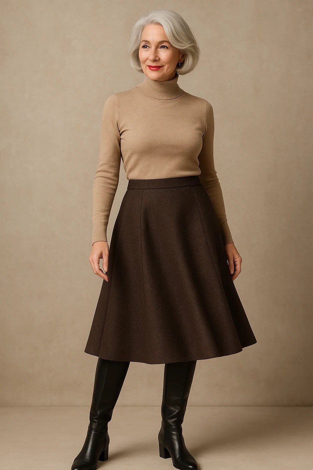 Camel turtleneck, brown A-line midi skirt, black knee boots, woman in studio