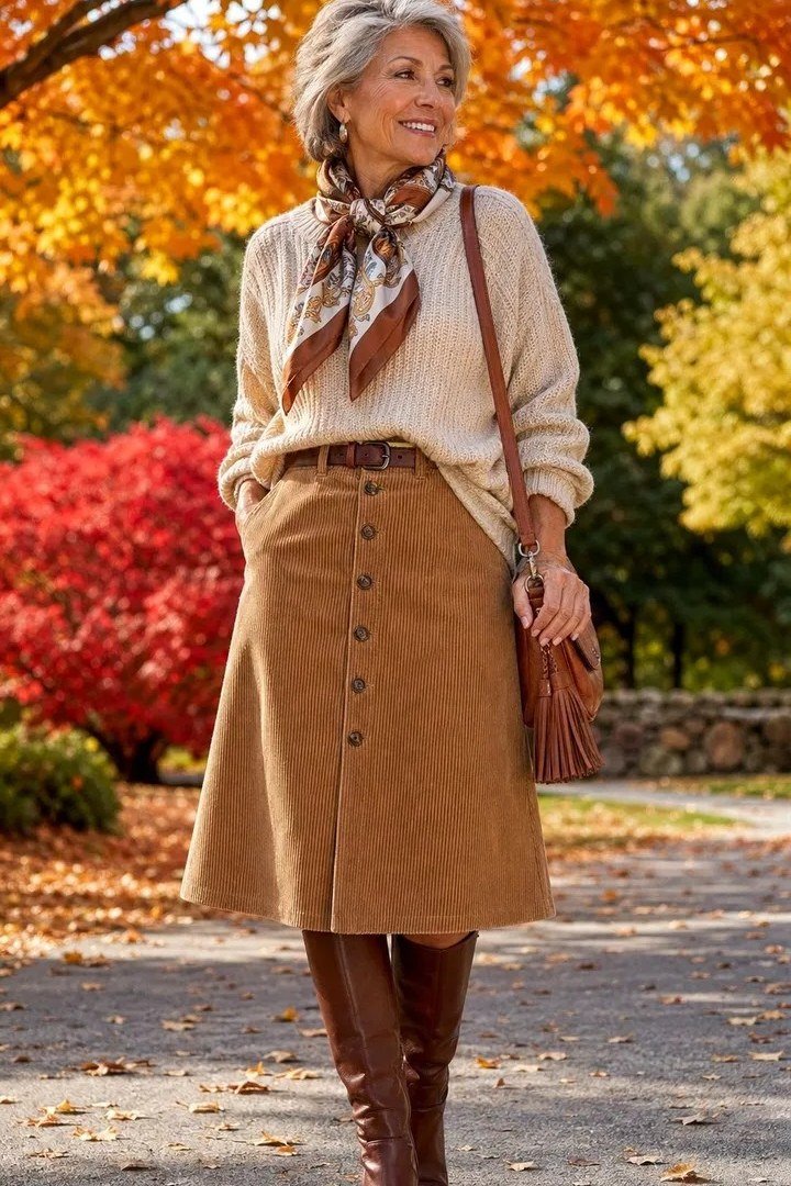 Cream knit sweater, camel button midi skirt, brown knee boots, woman in foliage
