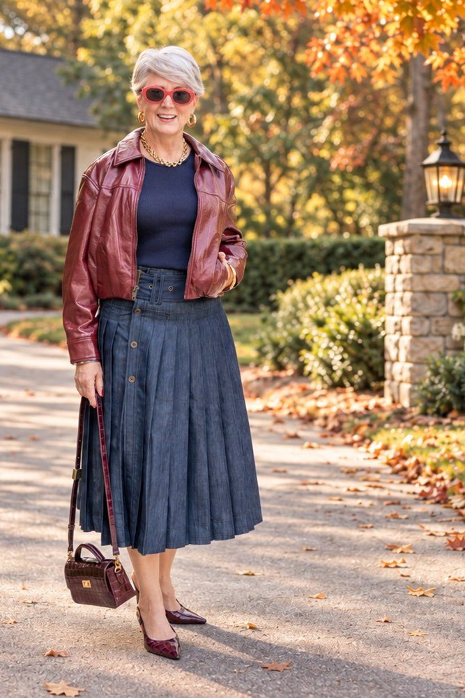 Red leather jacket, navy top, blue pleated midi skirt, burgundy heels