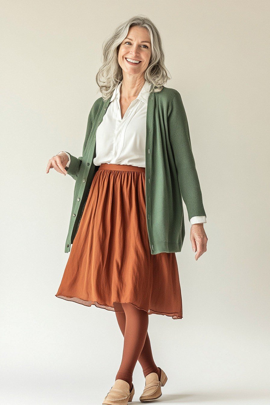 Green cardigan, white blouse, rust pleated midi skirt, tan loafers, woman in studio