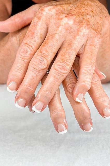 Neat French Tips for Very Mature Hands, french tip nails for women over 70, elegant manicure on mature hands