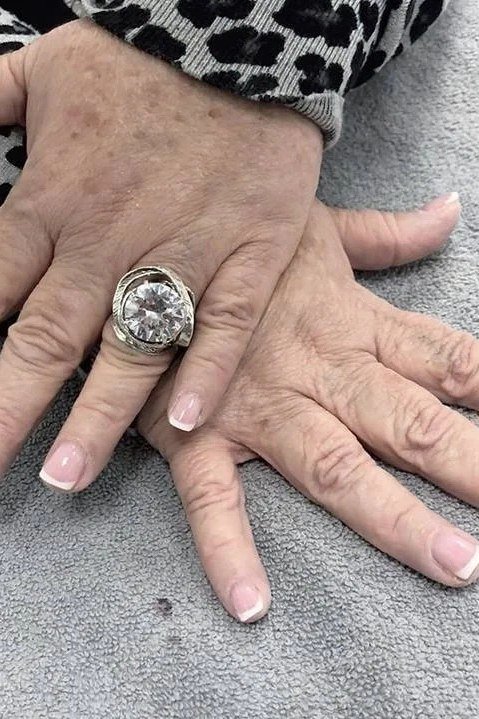 Short French Tips with Rings, french tip nails for women over 70, elegant manicure on mature hands