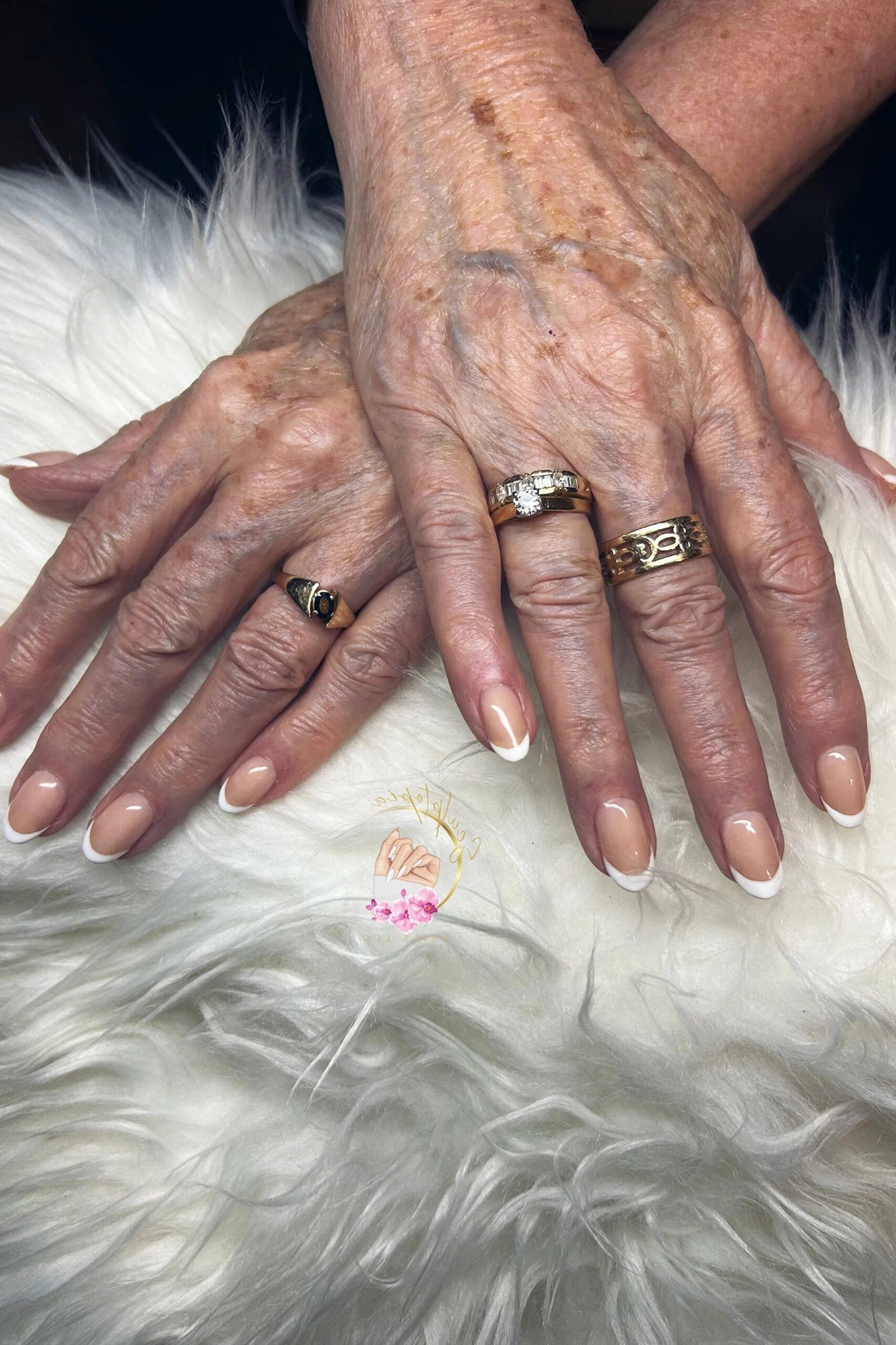Crisp White French Tips, french tip nails for women over 70, elegant manicure on mature hands