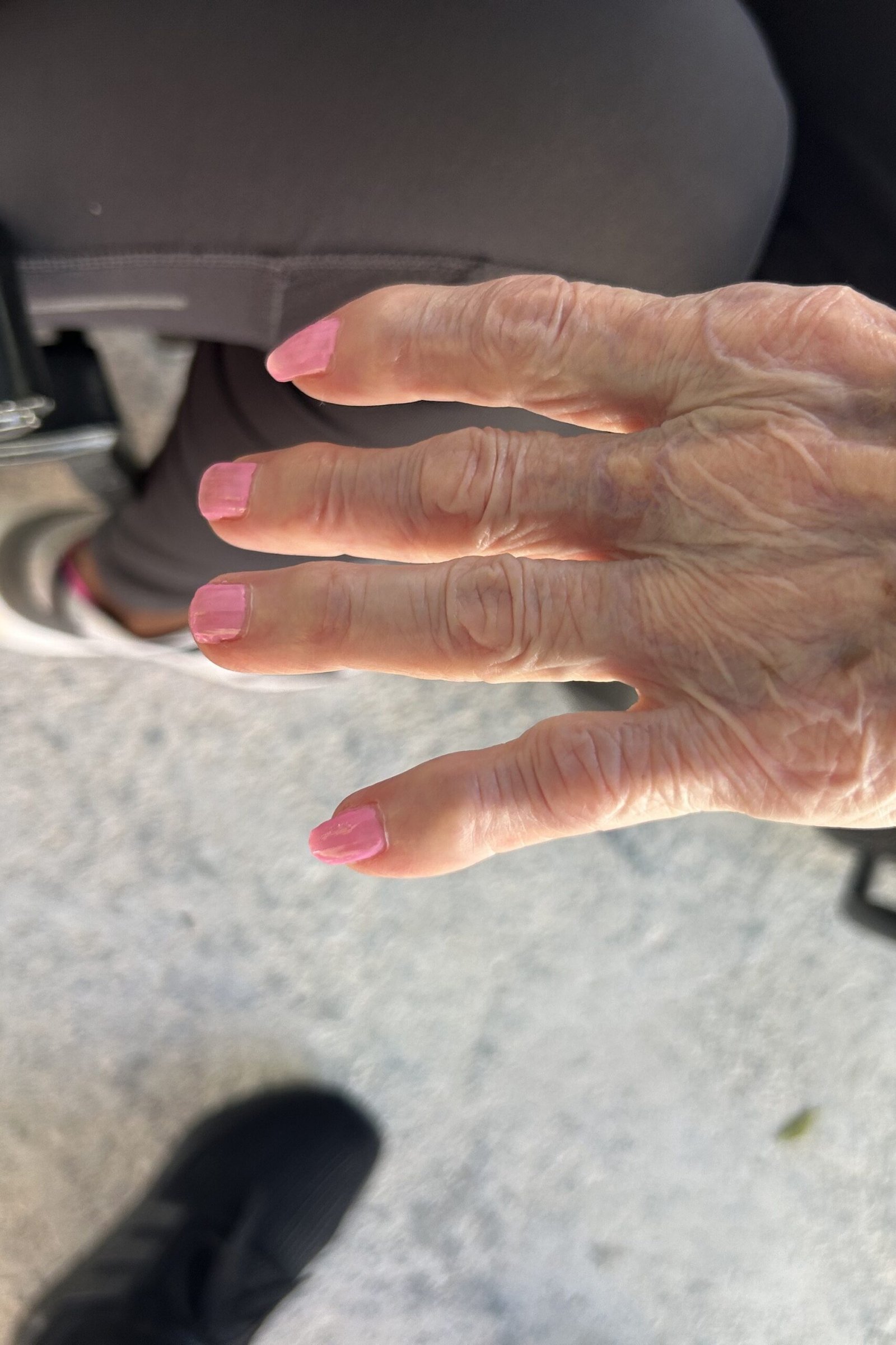 Short Pink French Tips, french tip nails for women over 70, elegant manicure on mature hands