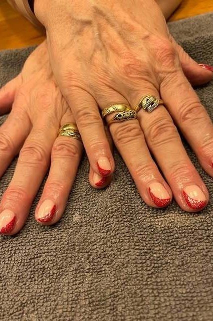 Red-Tipped French Manicure, french tip nails for women over 70, elegant manicure on mature hands