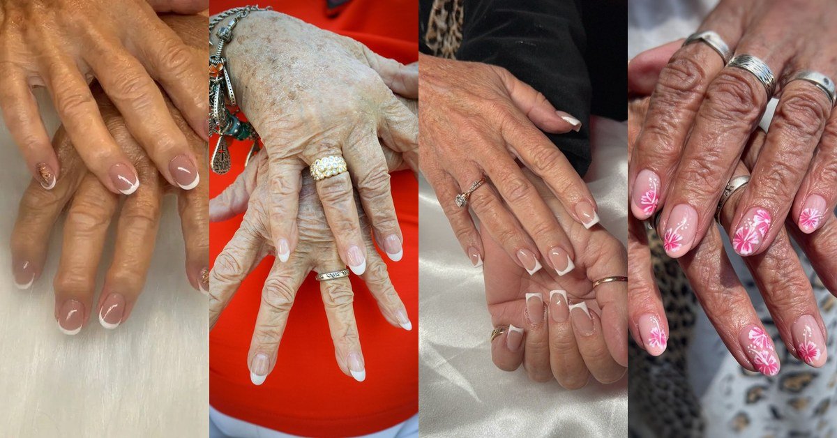 66 chic french tip nail ideas for women over 70 collage, classic white and pink manicures on mature hands