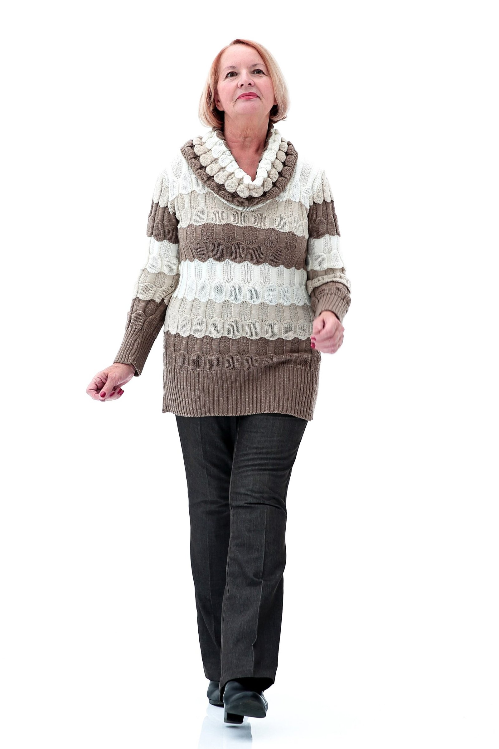 Fall sweater outfit idea 1 for women over 60: striped cowl-neck sweater with black trousers