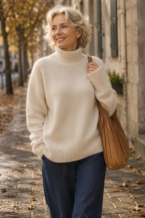 Fall sweater outfit idea 9 for women over 60: cream turtleneck with navy trousers