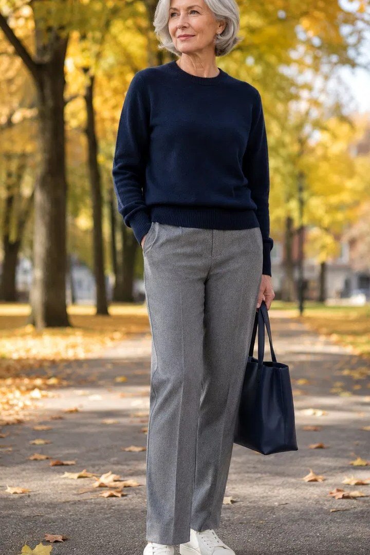 Fall sweater outfit idea 17 for women over 60: navy sweater with gray trousers