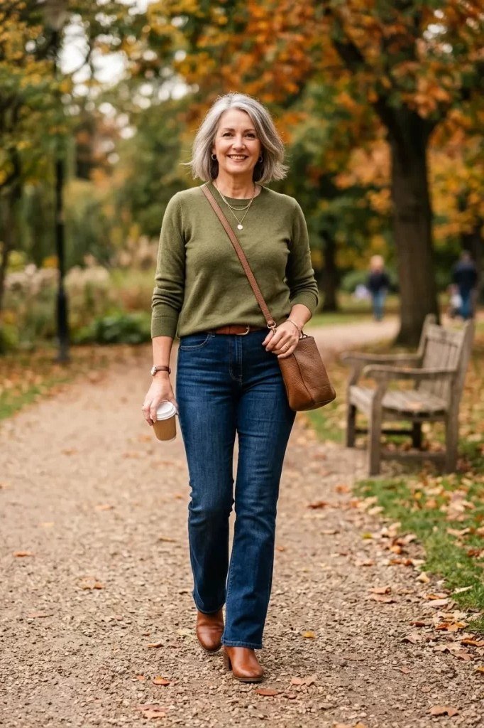 Fall sweater outfit idea 19 for women over 60: olive sweater with dark jeans