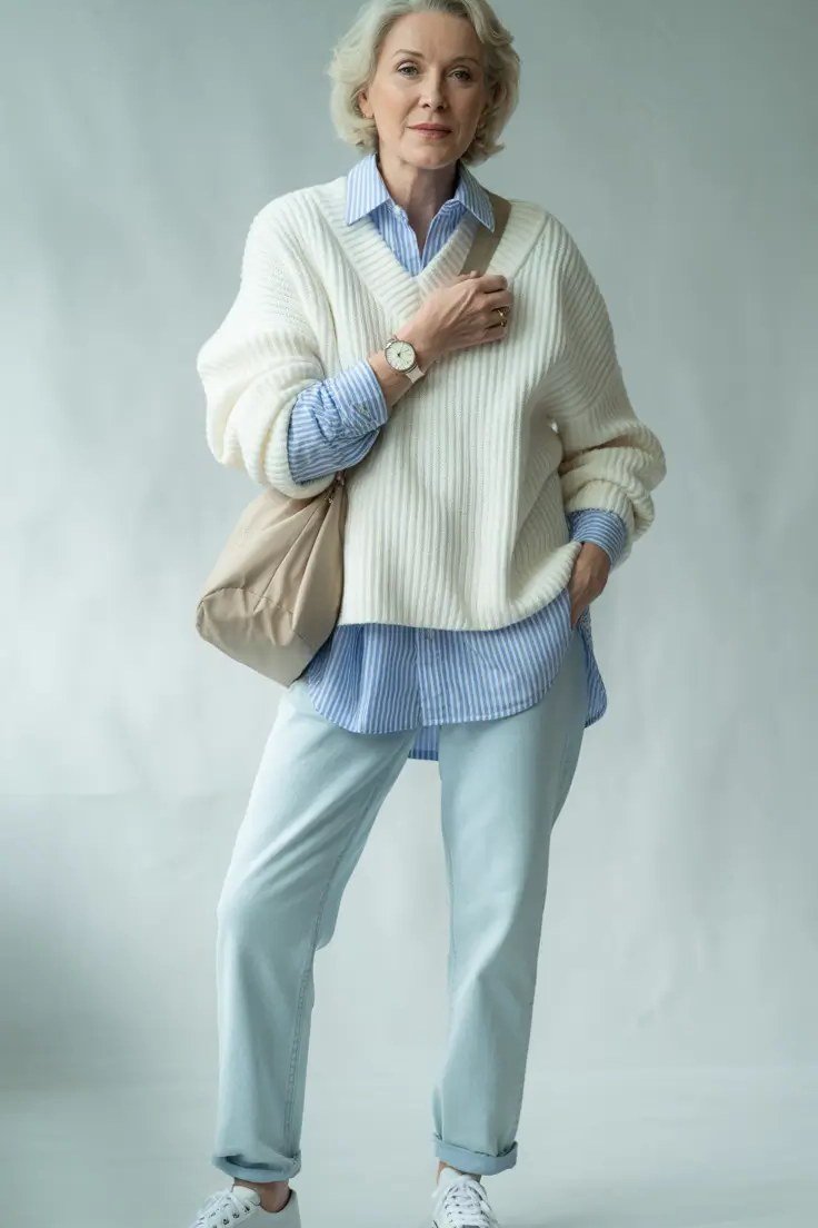 Fall sweater outfit idea 27 for women over 60: cream sweater layered over chambray