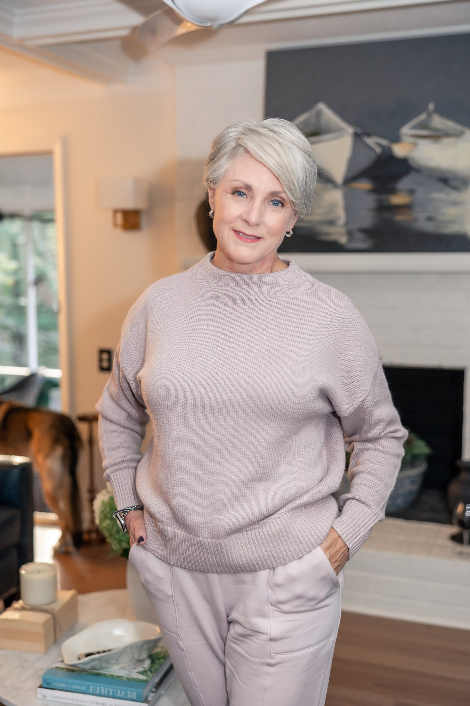Fall sweater outfit idea 29 for women over 60: blush pink sweater with blush pants
