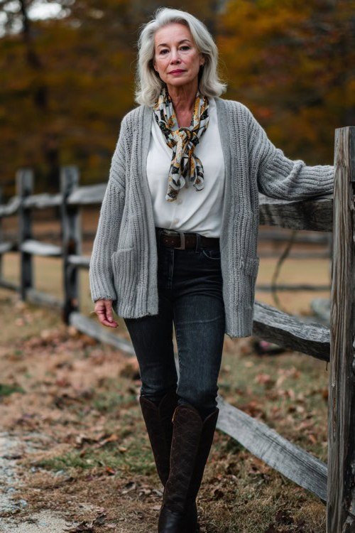 Fall sweater outfit idea 38 for women over 60: gray cardigan with patterned scarf and tall boots