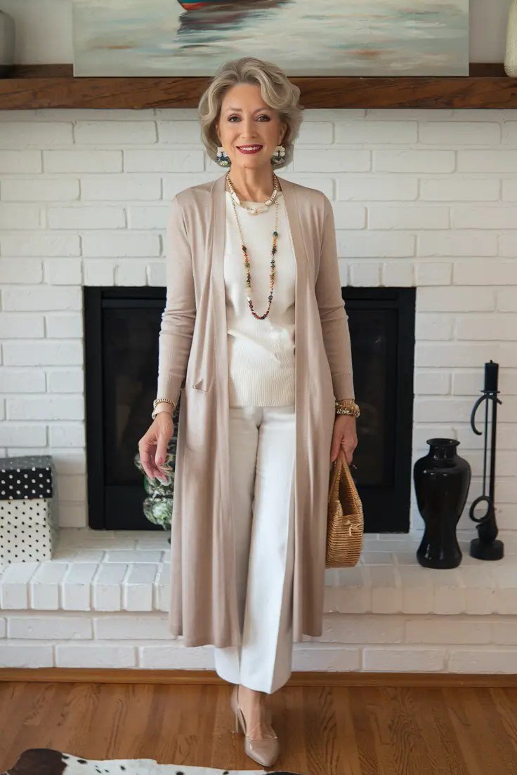 Fall sweater outfit idea 40 for women over 60: blush long cardigan with white pants