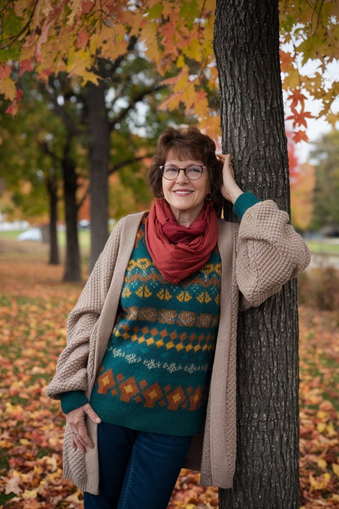 Fall sweater outfit idea 45 for women over 60: green fair isle with red scarf and tan cardigan