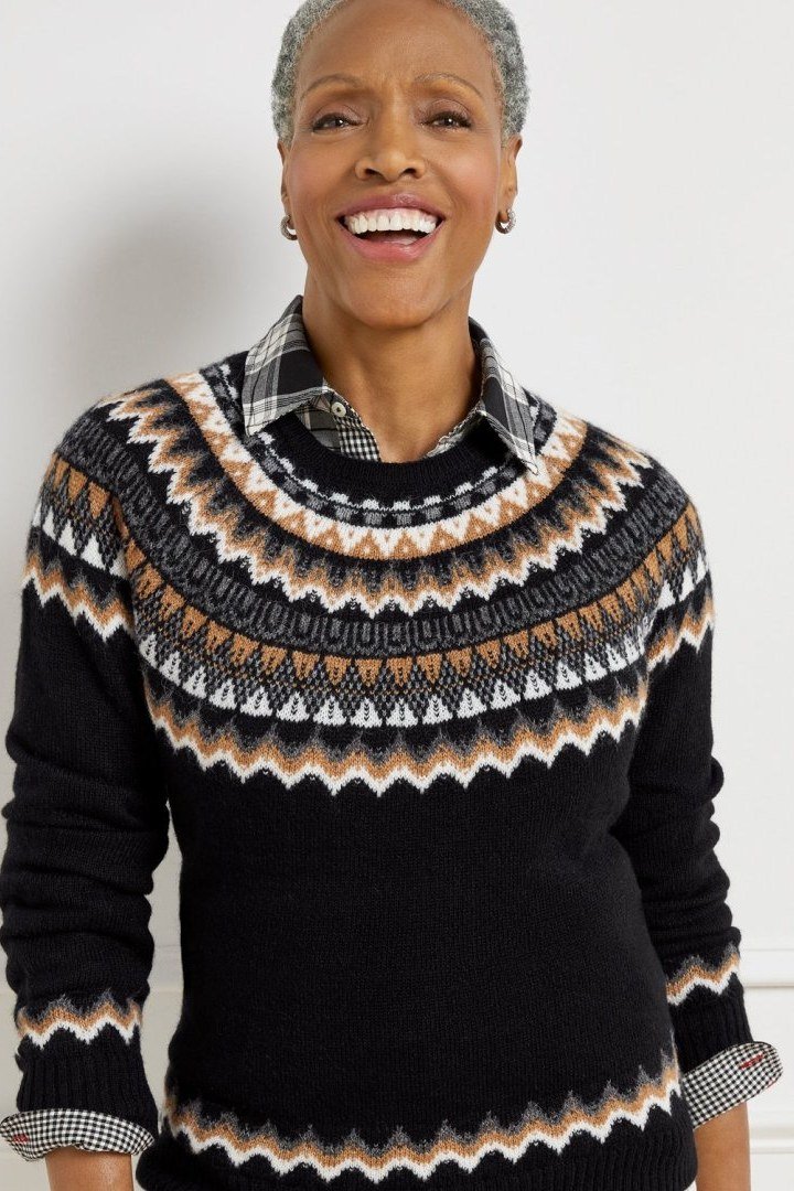 Fall sweater outfit idea 54 for women over 60: black fair isle yoke sweater