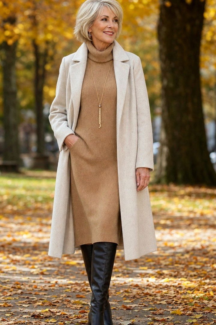 Fall sweater outfit idea 55 for women over 60: camel sweater dress with cream coat and black boots
