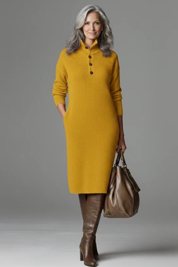 Fall sweater outfit idea 57 for women over 60: mustard sweater dress with brown boots