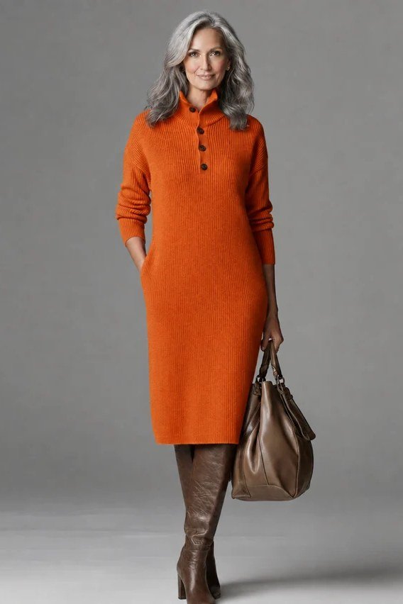 Fall sweater outfit idea 58 for women over 60: burnt orange sweater dress with brown boots